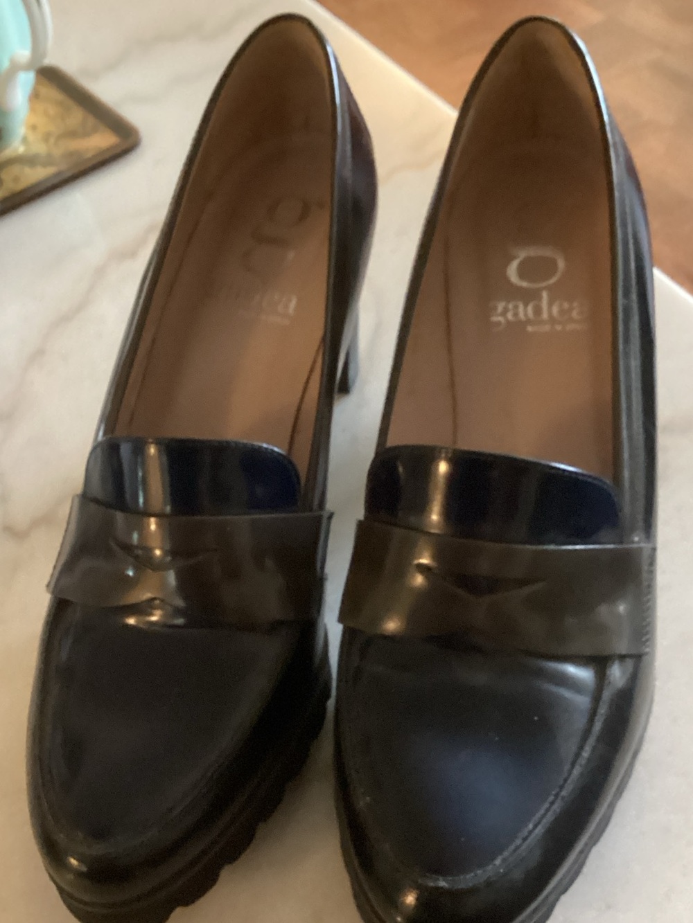 Gadea made in Spain
Black Leather Loafers with Penny Strap and platform heel